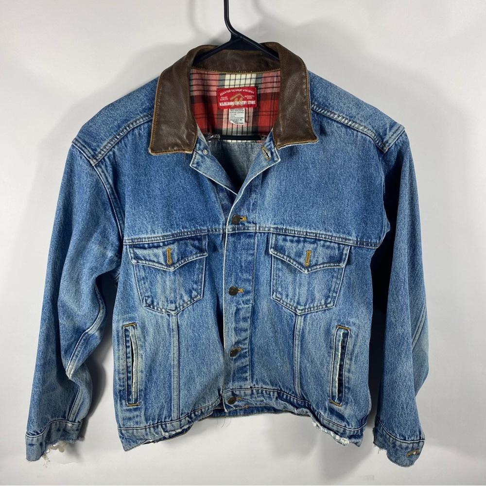 Marlboro Country Store Denim Jean Jacket Leather Collar Men's Size M Vtg